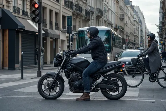 Motor zaustavljen na crvenom svjetlu u gradu, kratka vožnja
